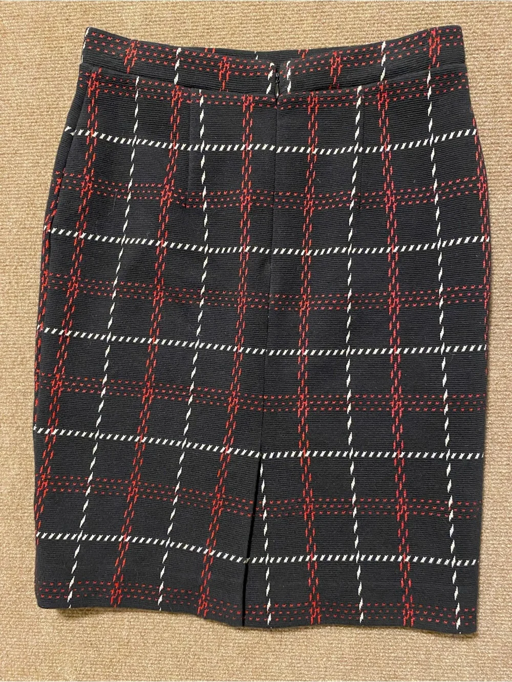 Ann Taylor Petite Grid Plaid Tweed Pencil Skirt Black Red White XSP